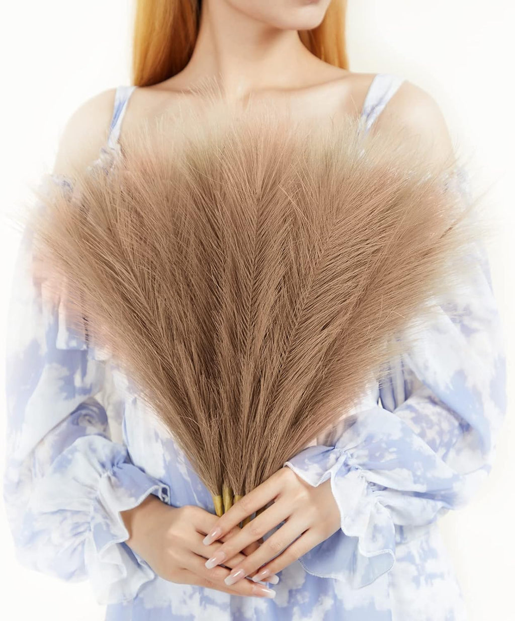 SATYAM KRAFT 3 Pcs Faux Pampas Grass Small Fluffy Artificial Flowers Fake Flower for Home, Office,Bedroom, Table Decoration and Craft Items Corner (Without Vase Pot) (Brown, Pack of 3)