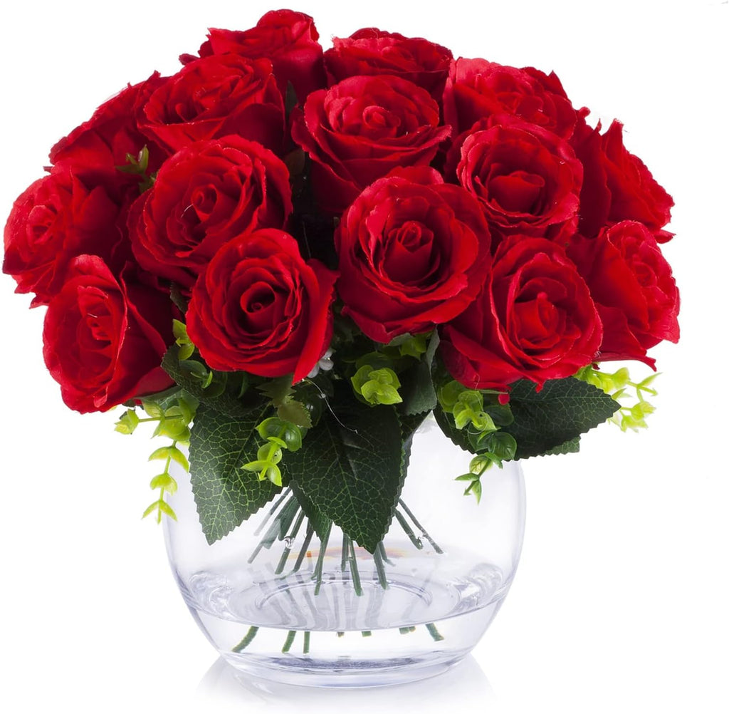 Enova Floral 18 Heads Silk Rose Artificial Flowers in Vase, Red Faux Rose Flowers Arrangement in Round Bowl Vase with Faux Water for Table Decoration (Red)