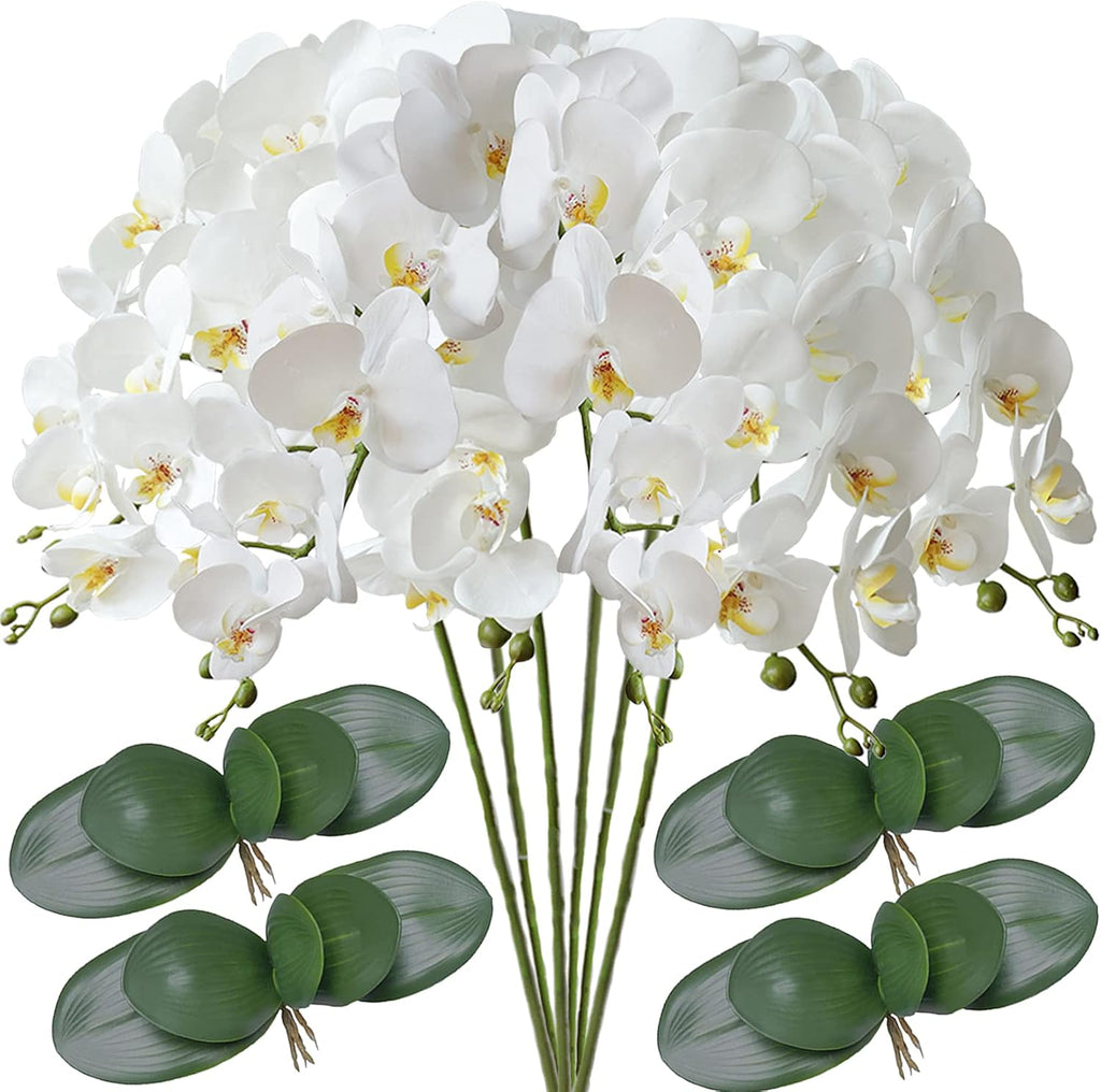 FagusHome 32" Artificial Phalaenopsis Flowers 6 Pcs with 4 Bundles Leaves Artificial Orchid Flowers Stem Plants for Home Décor (6Pcs)