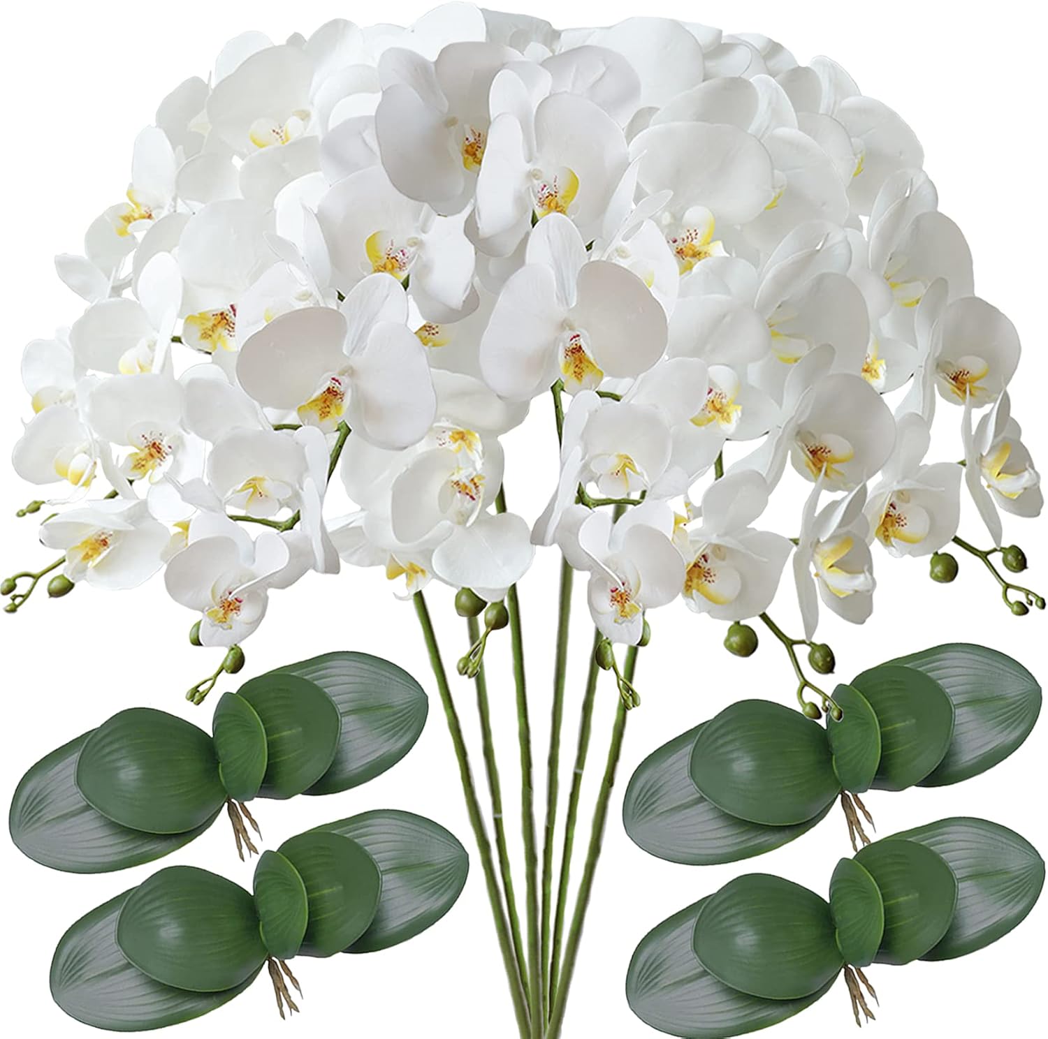 FagusHome 32" Artificial Phalaenopsis Flowers 6 Pcs with 4 Bundles Leaves Artificial Orchid Flowers Stem Plants for Home Décor (6Pcs)