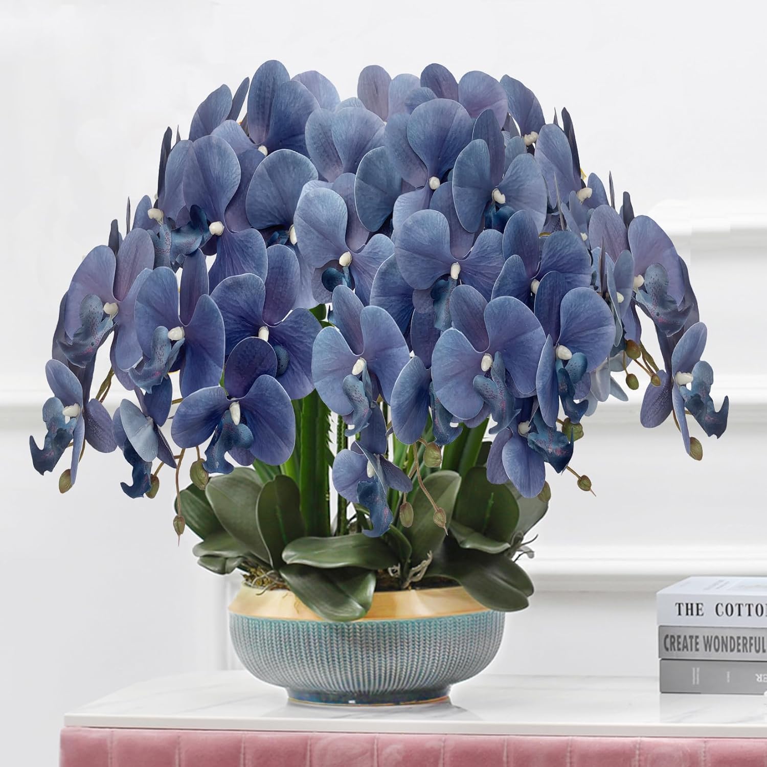 FagusHome 32" Artificial Phalaenopsis Flowers 6 Pcs with 4 Bundles Leaves Artificial Orchid Flowers Stem Plants for Home Décor (6Pcs)