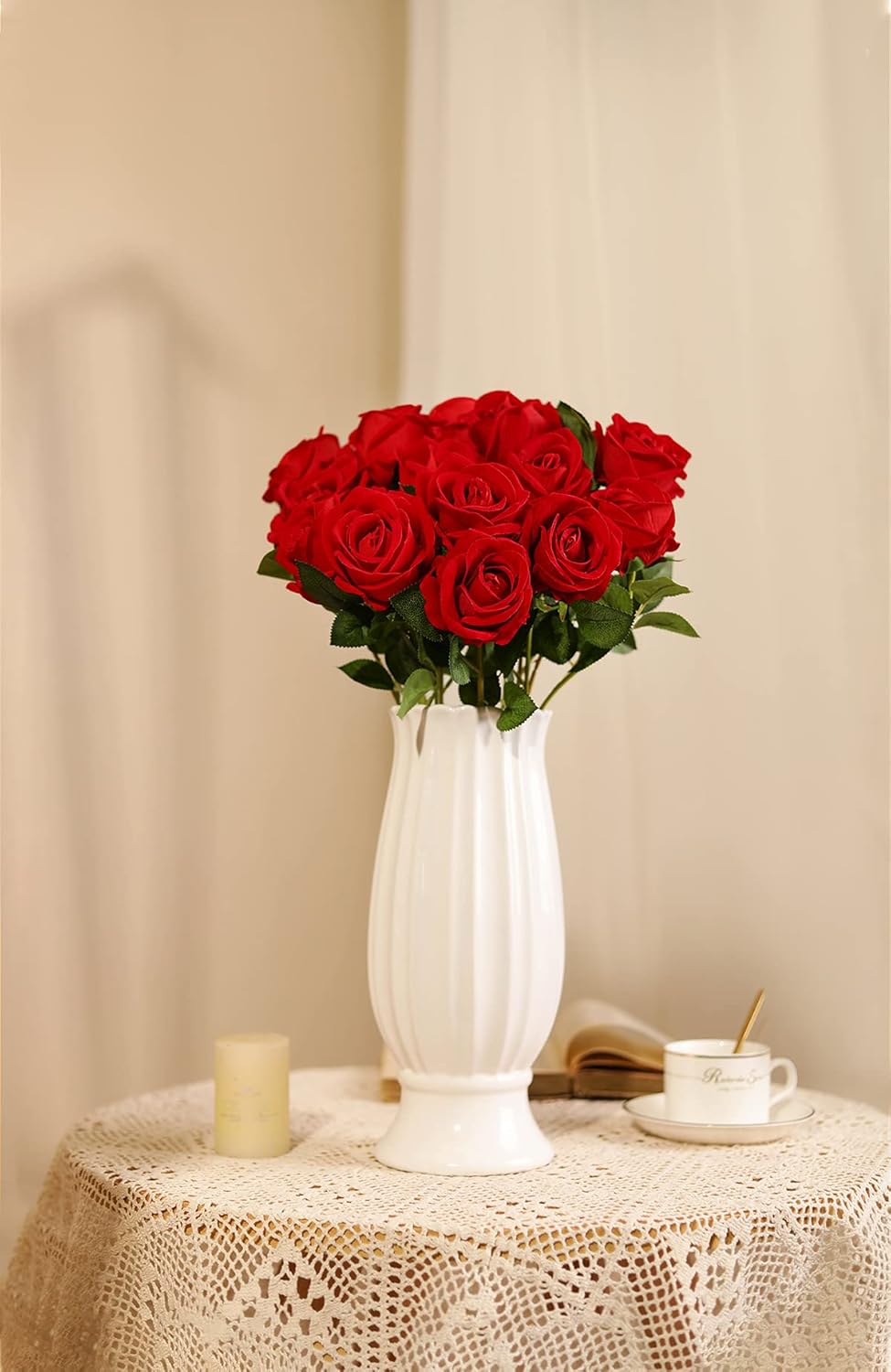 Luyue 10 Pack Artificial Velvet Roses Fake Red Rose Silk Flowers with Stem Floral Gift for Wedding Arrangement Party Home Decor-Red