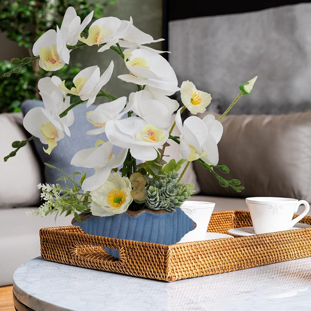 LESING Artificial Orchid Flower with Vase, White Orchid Bonsai Faux Orchid Phalaenopsis Plant Pot Arrangements for Home Decoration (White,Gold Vase)