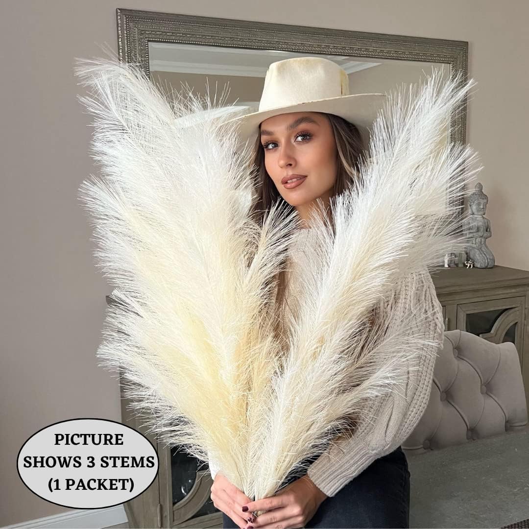 VOULUX Extra Large Tall Blue Fake Faux Artificial Pampas Grass Large Fluffy x3 115cm Stems x18 Decorative Artificial Flora Feathers For Floor Vases Tall Blue Plant Flowers Long Pampas Grass