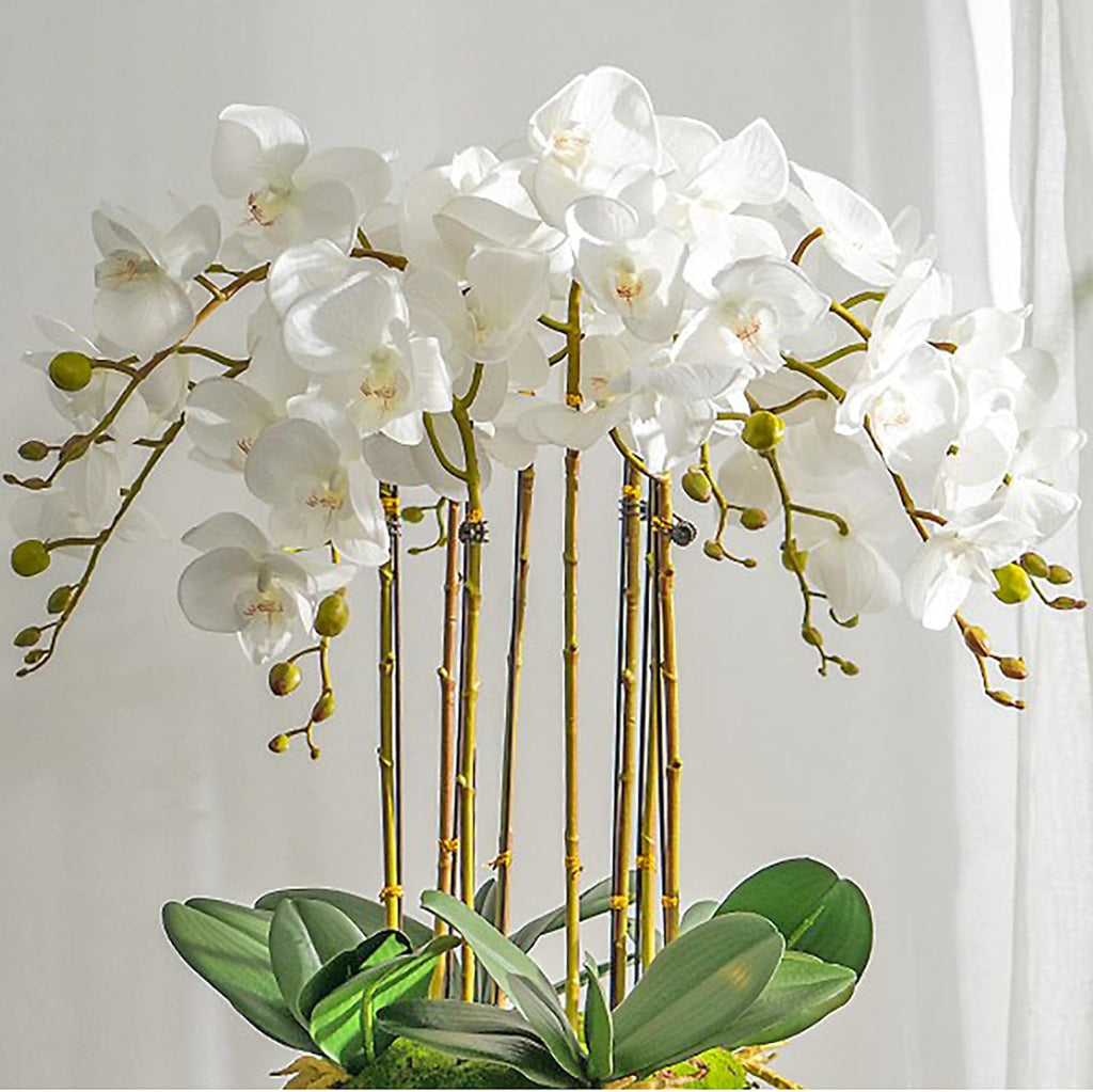 DUYONE 35 Inch Artificial Butterfly Orchid Flowers 4 Pcs with 4 Bundles Leaves Artificial Orchid Flowers Stem Plants for Home Décor (Light Purple 4pcs)