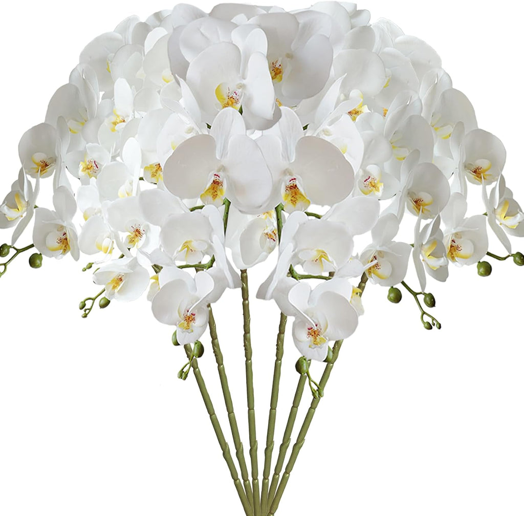 FagusHome 32" Artificial Phalaenopsis Flowers 6 Pcs with 4 Bundles Leaves Artificial Orchid Flowers Stem Plants for Home Décor (6Pcs)
