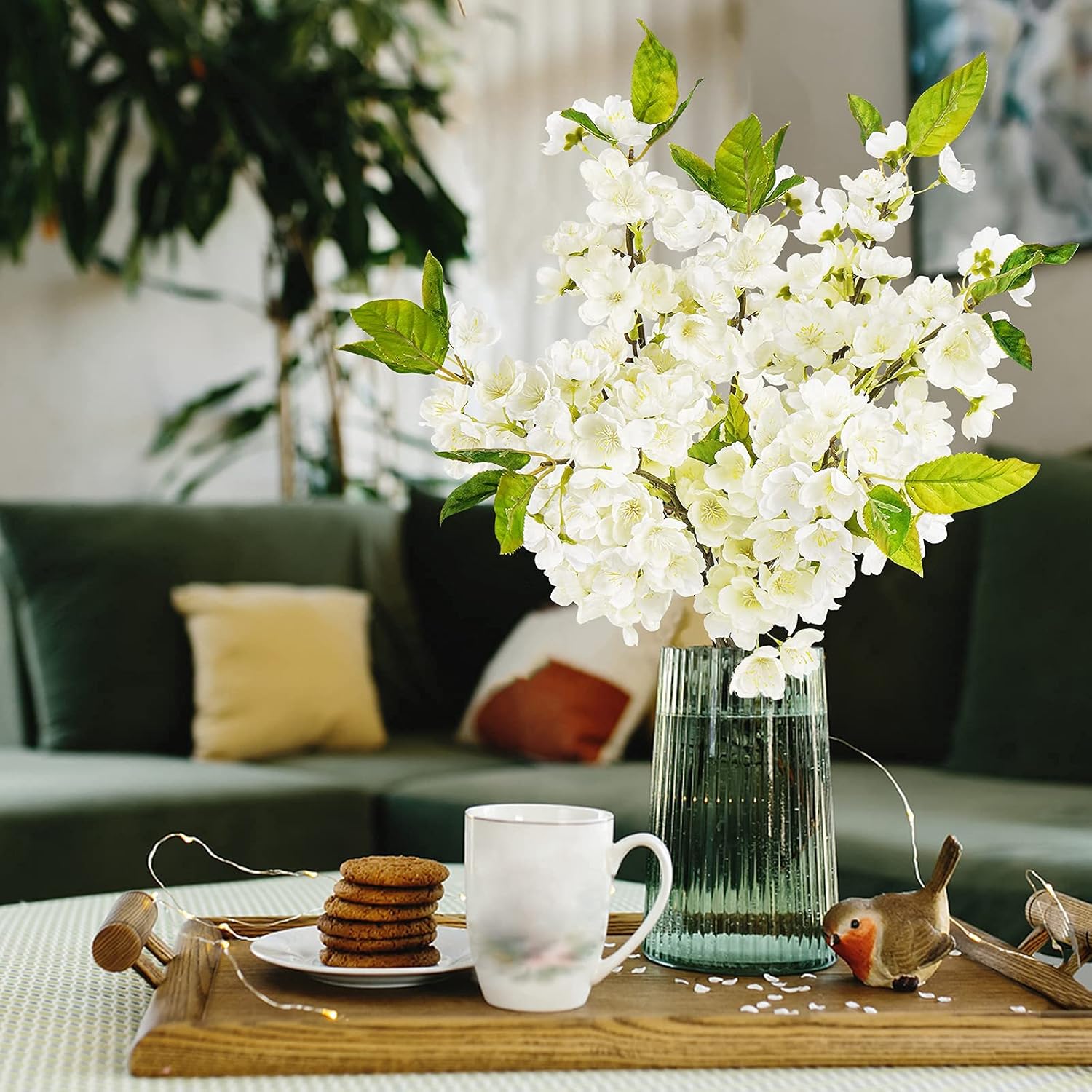 Sunm Boutique White Cherry Blossom Flowers, Artificial Cherry Blossom Decor Faux Cherry Blossom Branches Vase Arrangements for Wedding Home Party Kitchen Decor, Set of 3