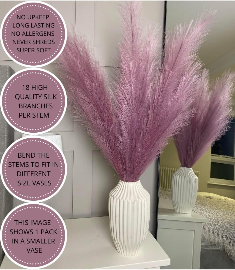 VOULUX Extra Large Tall Blue Fake Faux Artificial Pampas Grass Large Fluffy x3 115cm Stems x18 Decorative Artificial Flora Feathers For Floor Vases Tall Blue Plant Flowers Long Pampas Grass
