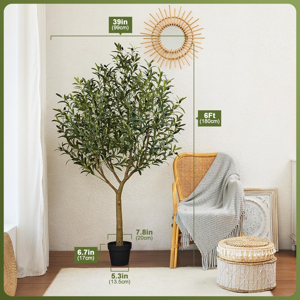 VeriNatural Artificial Olive Tree 6.5FT - Large Fake Olive Trees Indoor with 1676 Lush Leaves,UV Resistant & Natural Wood Trunk, Outdoor Potted Faux Plant for Living Room,Office,Home Decor,VN157