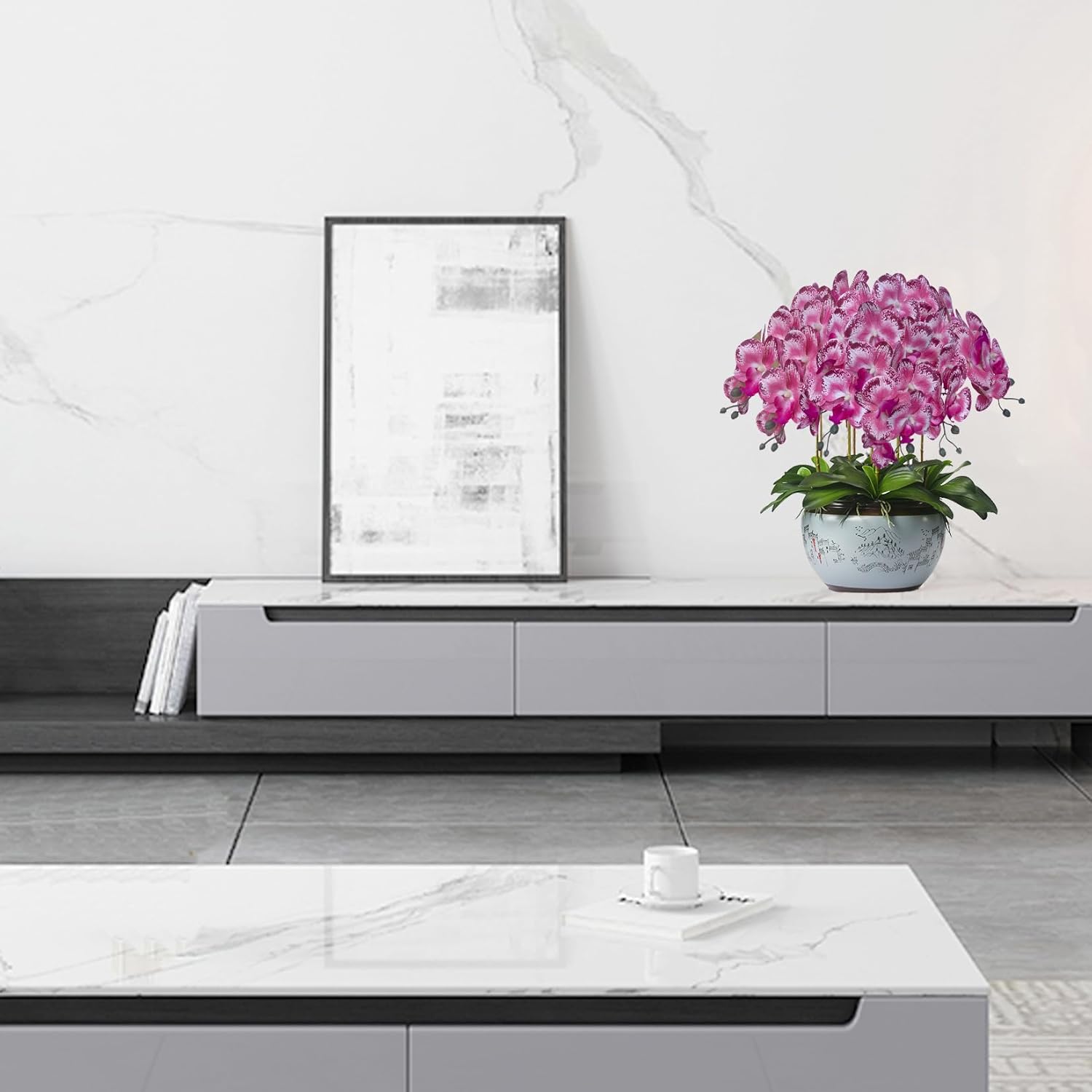 FagusHome 32" Artificial Phalaenopsis Flowers 6 Pcs with 4 Bundles Leaves Artificial Orchid Flowers Stem Plants for Home Décor (6Pcs)