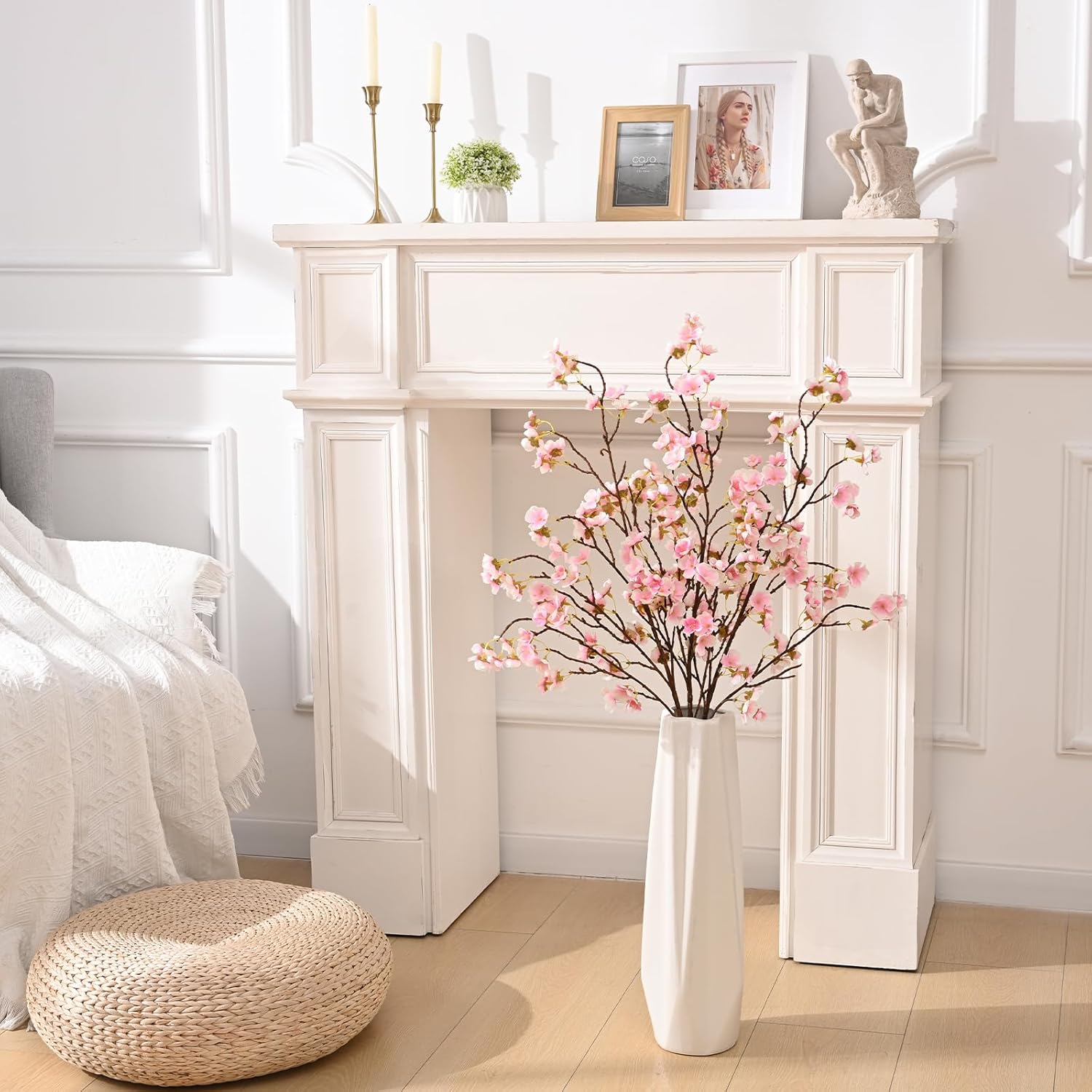 Sunm Boutique White Cherry Blossom Flowers, Artificial Cherry Blossom Decor Faux Cherry Blossom Branches Vase Arrangements for Wedding Home Party Kitchen Decor, Set of 3