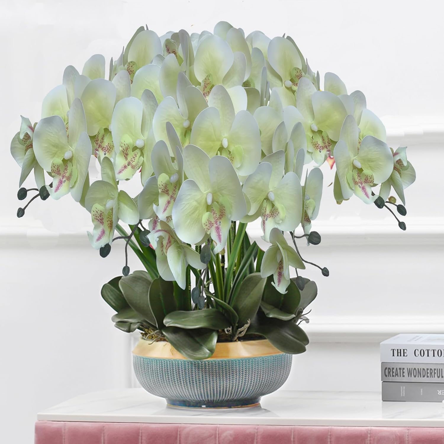 FagusHome 32" Artificial Phalaenopsis Flowers 6 Pcs with 4 Bundles Leaves Artificial Orchid Flowers Stem Plants for Home Décor (6Pcs)