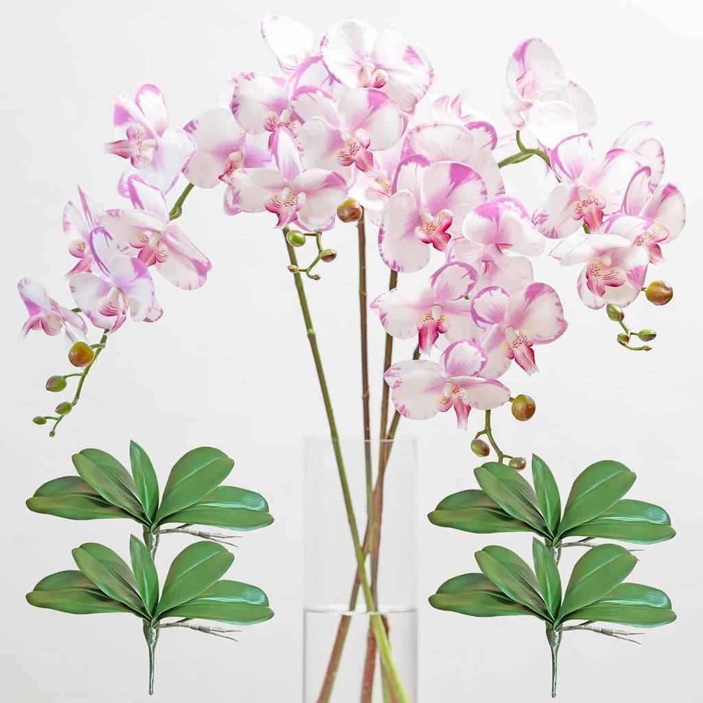 DUYONE 35 Inch Artificial Butterfly Orchid Flowers 4 Pcs with 4 Bundles Leaves Artificial Orchid Flowers Stem Plants for Home Décor (Light Purple 4pcs)