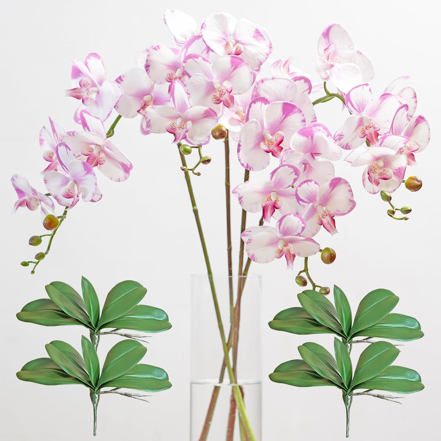 DUYONE 35 Inch Artificial Butterfly Orchid Flowers 4 Pcs with 4 Bundles Leaves Artificial Orchid Flowers Stem Plants for Home Décor (Light Purple 4pcs)