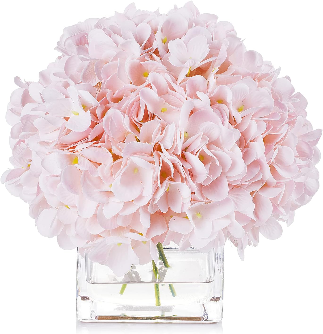 ENOVA HOME Floral Artificial Flowers Silk Hydrangea Fake Flowers Arrangement in Cube Glass Vase with Faux Water for Office Wedding Party Event Decoration (Pink)
