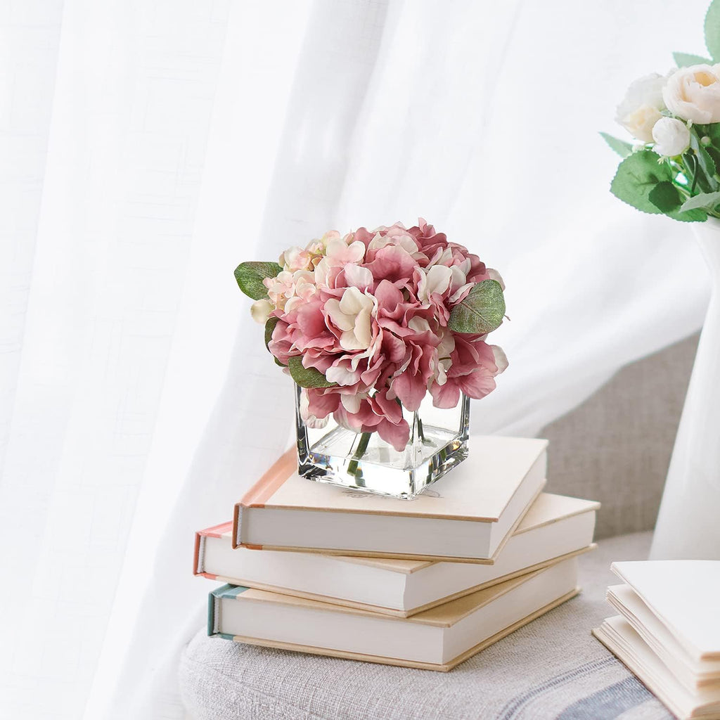 Cream Hydrangea & Peony Faux Silk Flowers - Artificial Floral Arrangements with Vase for Home Office Table Shelf Decor