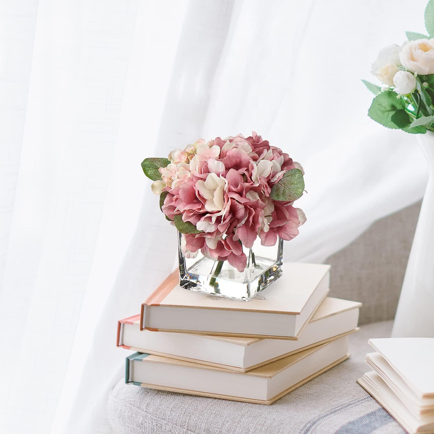 Cream Hydrangea & Peony Faux Silk Flowers - Artificial Floral Arrangements with Vase for Home Office Table Shelf Decor