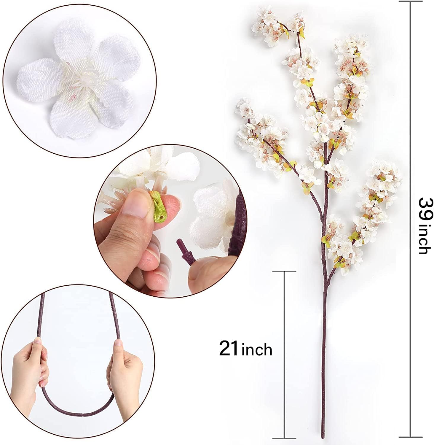 Sunm Boutique White Cherry Blossom Flowers, Artificial Cherry Blossom Decor Faux Cherry Blossom Branches Vase Arrangements for Wedding Home Party Kitchen Decor, Set of 3