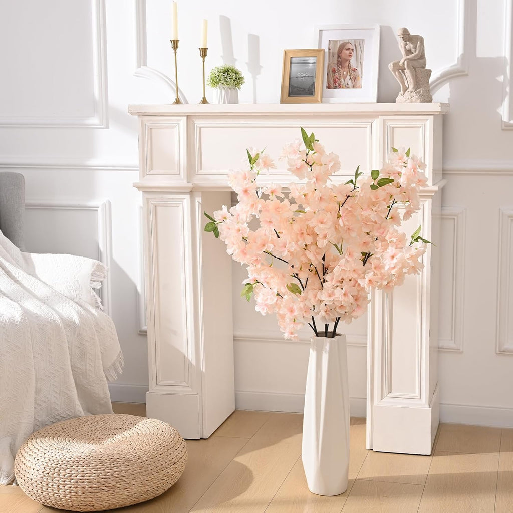 Sunm Boutique White Cherry Blossom Flowers, Artificial Cherry Blossom Decor Faux Cherry Blossom Branches Vase Arrangements for Wedding Home Party Kitchen Decor, Set of 3