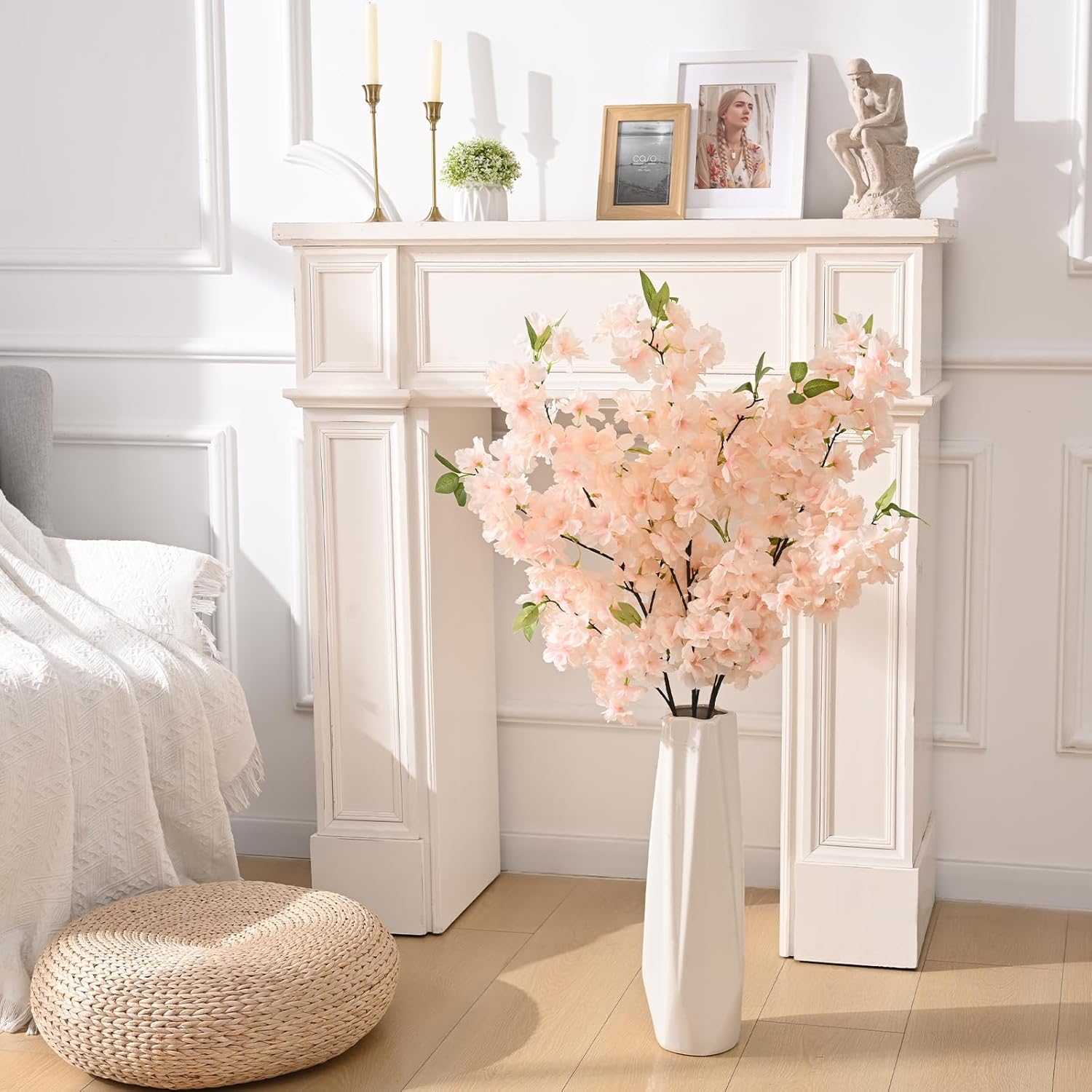 Sunm Boutique White Cherry Blossom Flowers, Artificial Cherry Blossom Decor Faux Cherry Blossom Branches Vase Arrangements for Wedding Home Party Kitchen Decor, Set of 3