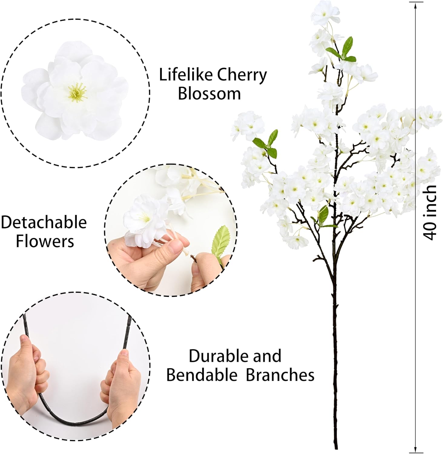 Sunm Boutique White Cherry Blossom Flowers, Artificial Cherry Blossom Decor Faux Cherry Blossom Branches Vase Arrangements for Wedding Home Party Kitchen Decor, Set of 3