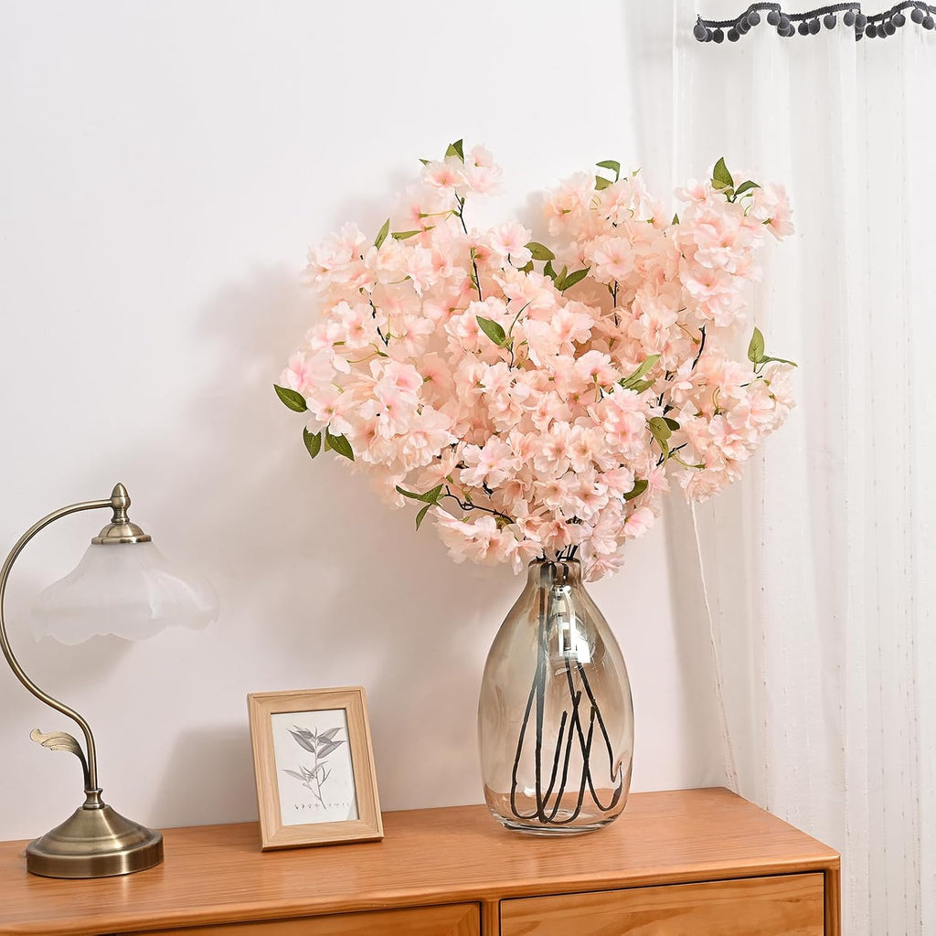 Sunm Boutique White Cherry Blossom Flowers, Artificial Cherry Blossom Decor Faux Cherry Blossom Branches Vase Arrangements for Wedding Home Party Kitchen Decor, Set of 3