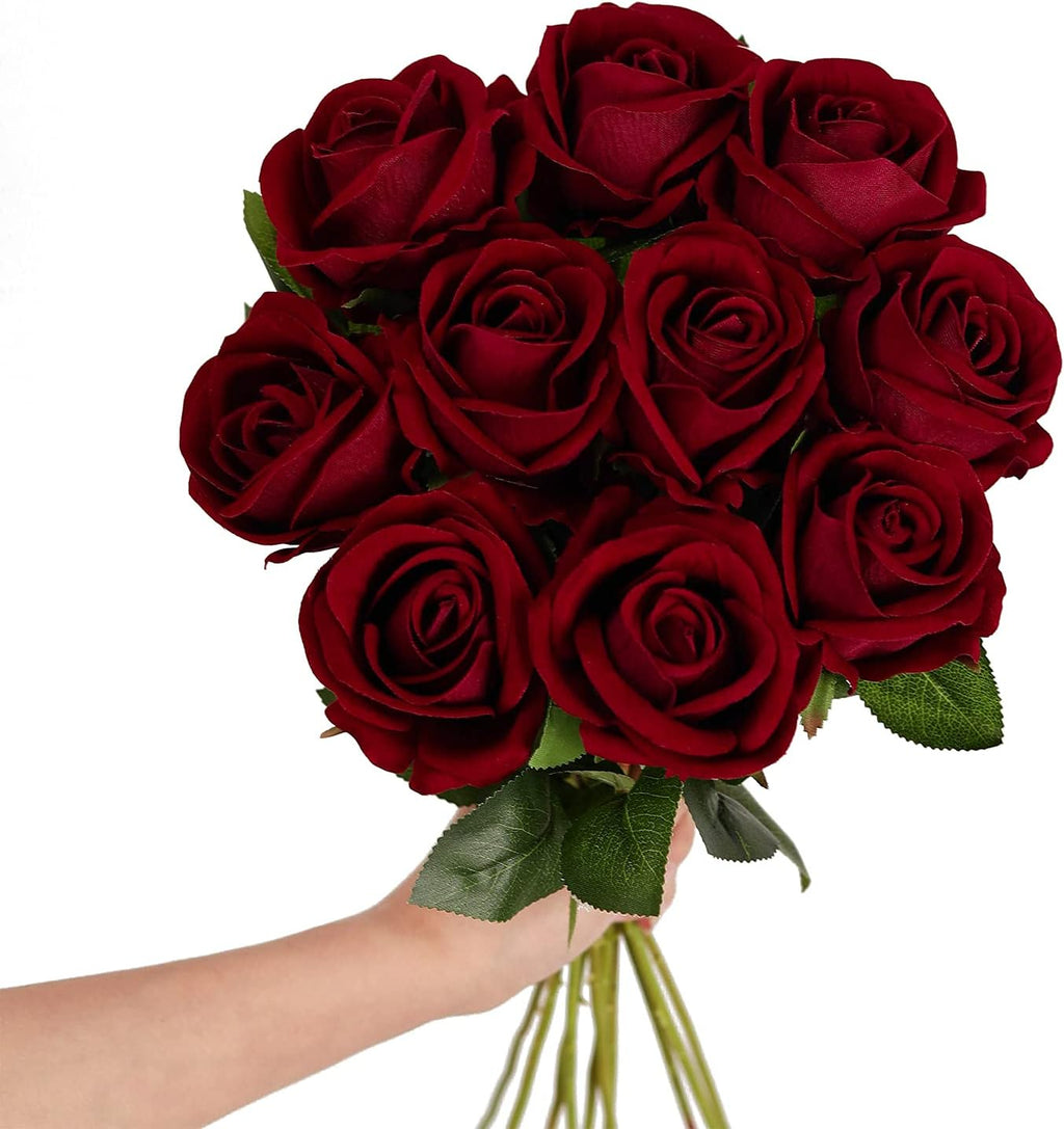 Luyue 10 Pack Artificial Velvet Roses Fake Red Rose Silk Flowers with Stem Floral Gift for Wedding Arrangement Party Home Decor-Burgandy