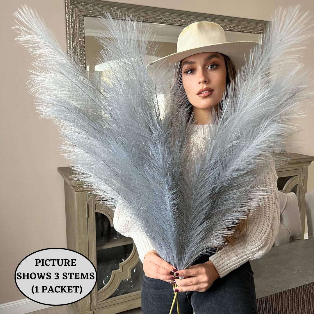 VOULUX Extra Large Tall Blue Fake Faux Artificial Pampas Grass Large Fluffy x3 115cm Stems x18 Decorative Artificial Flora Feathers For Floor Vases Tall Blue Plant Flowers Long Pampas Grass