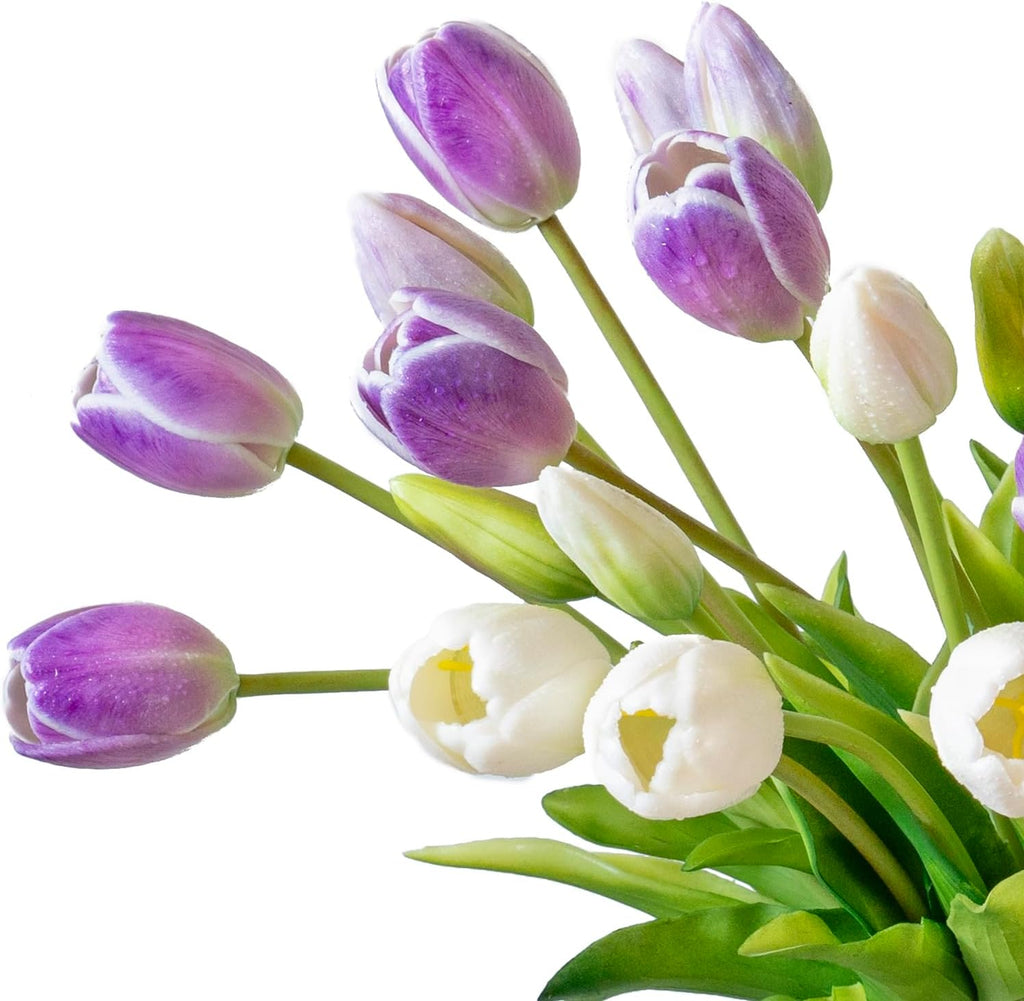 DUYONE 15pcs Artificial Tulips Flowers, Real Touch Latex Bouquet, Fake Tulips for Office Wedding Party Home Kitchen Garden Decoration(White,15pcs)