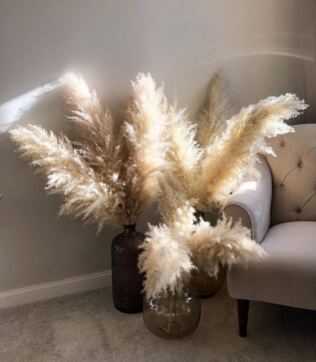 NaturalNH Large Pampas Grass - 3 Stems White Natural Dried Artificial Pampas Grass, 120 cm Fluffy Reed Bouquet, Suitable for Wedding and Boho Home Decor