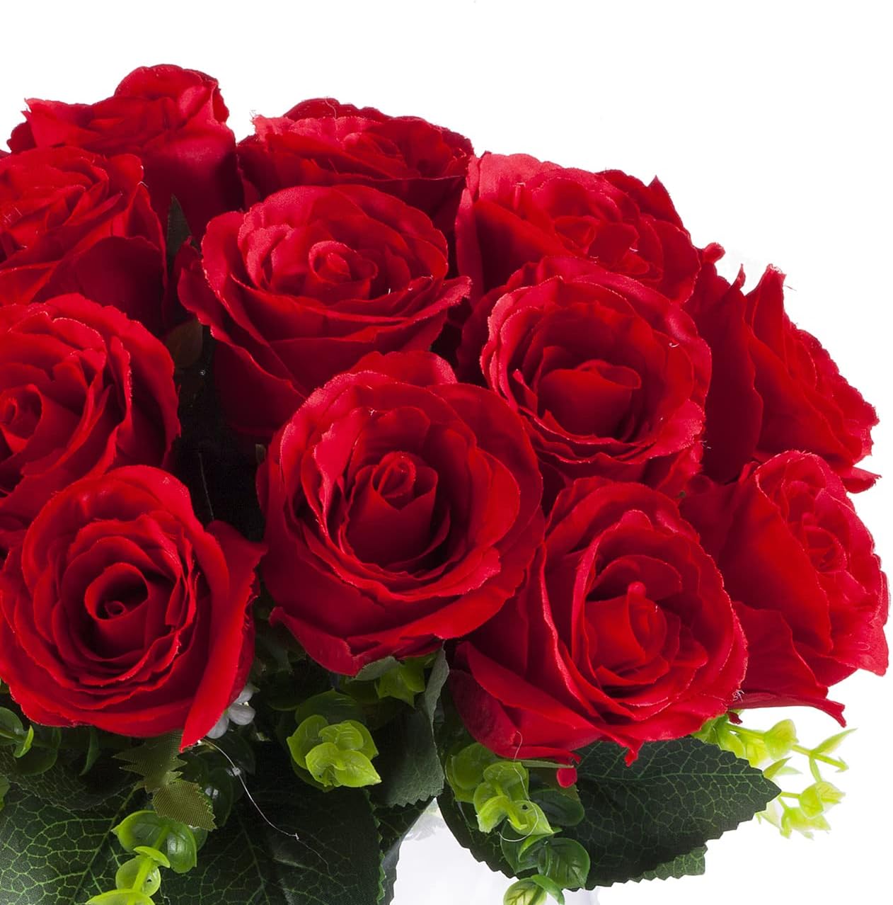 Enova Floral 18 Heads Silk Rose Artificial Flowers in Vase, Red Faux Rose Flowers Arrangement in Round Bowl Vase with Faux Water for Table Decoration (Red)