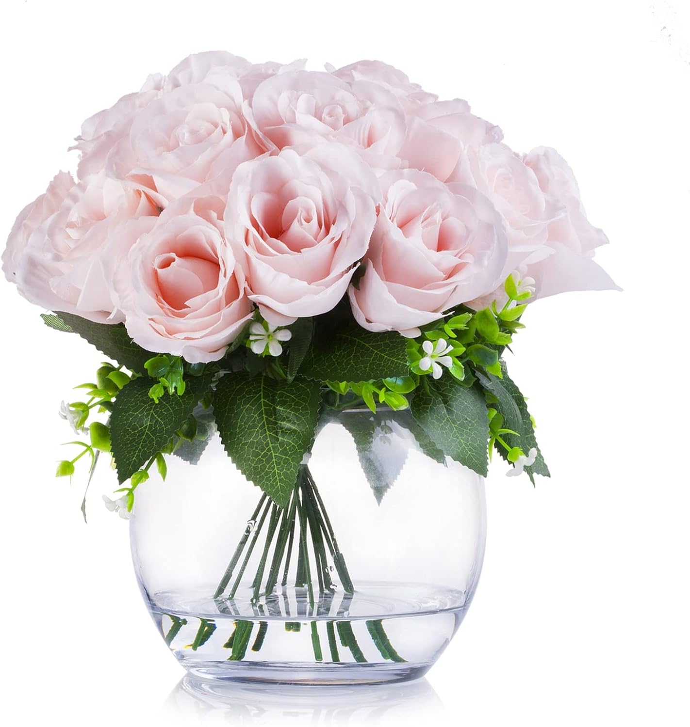 Enova Floral 18 Heads Silk Rose Artificial Flowers in Vase, Red Faux Rose Flowers Arrangement in Round Bowl Vase with Faux Water for Table Decoration (Red)