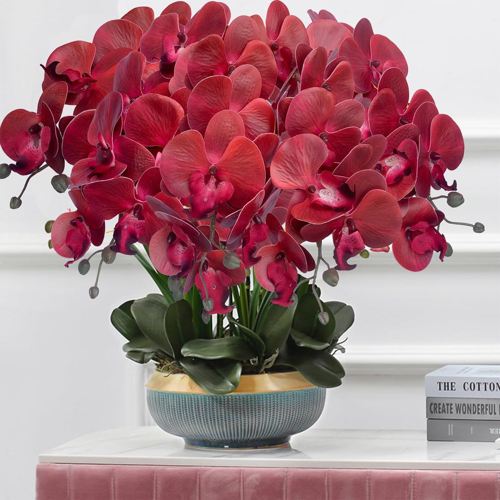 FagusHome 32" Artificial Phalaenopsis Flowers 6 Pcs with 4 Bundles Leaves Artificial Orchid Flowers Stem Plants for Home Décor (6Pcs)