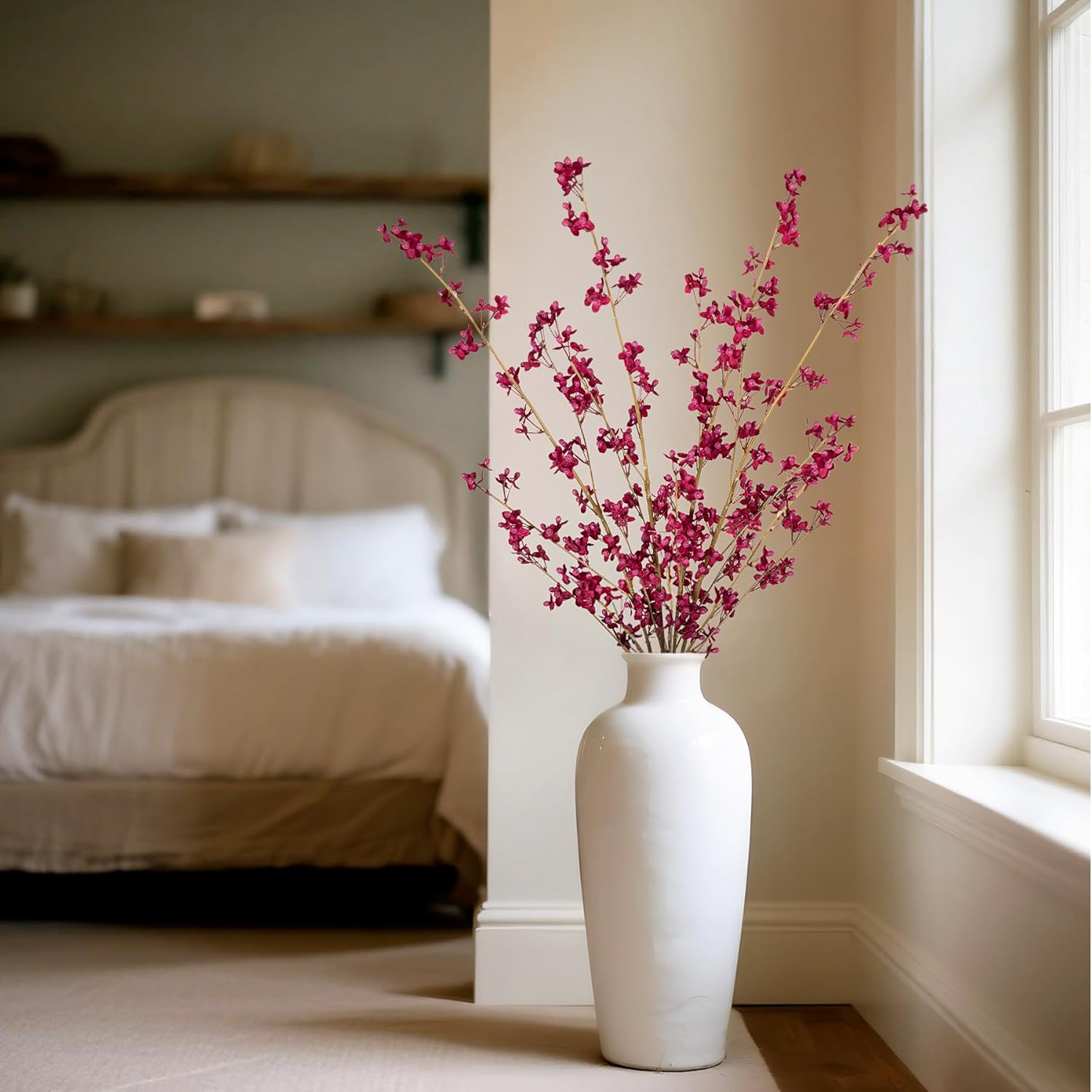 Ammyoo 4 PCS Artificial Plum Blossom Party Decorations Fake Cherry Flowers Faux Long Stems Wintersweets Silk Flowers Arrangement for Wedding Home Office Bedroom Decor(White)