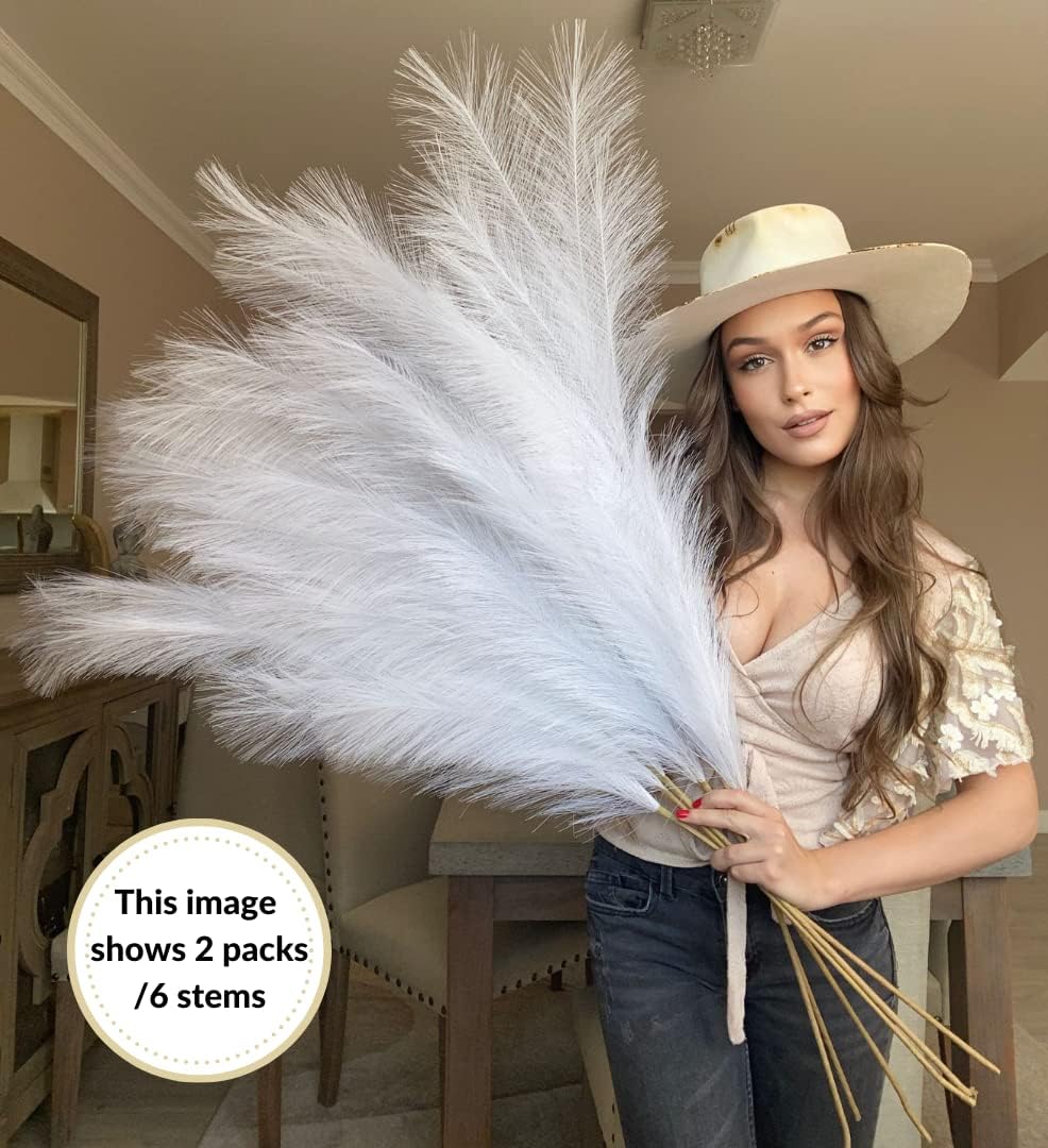 VOULUX Extra Large Tall Blue Fake Faux Artificial Pampas Grass Large Fluffy x3 115cm Stems x18 Decorative Artificial Flora Feathers For Floor Vases Tall Blue Plant Flowers Long Pampas Grass