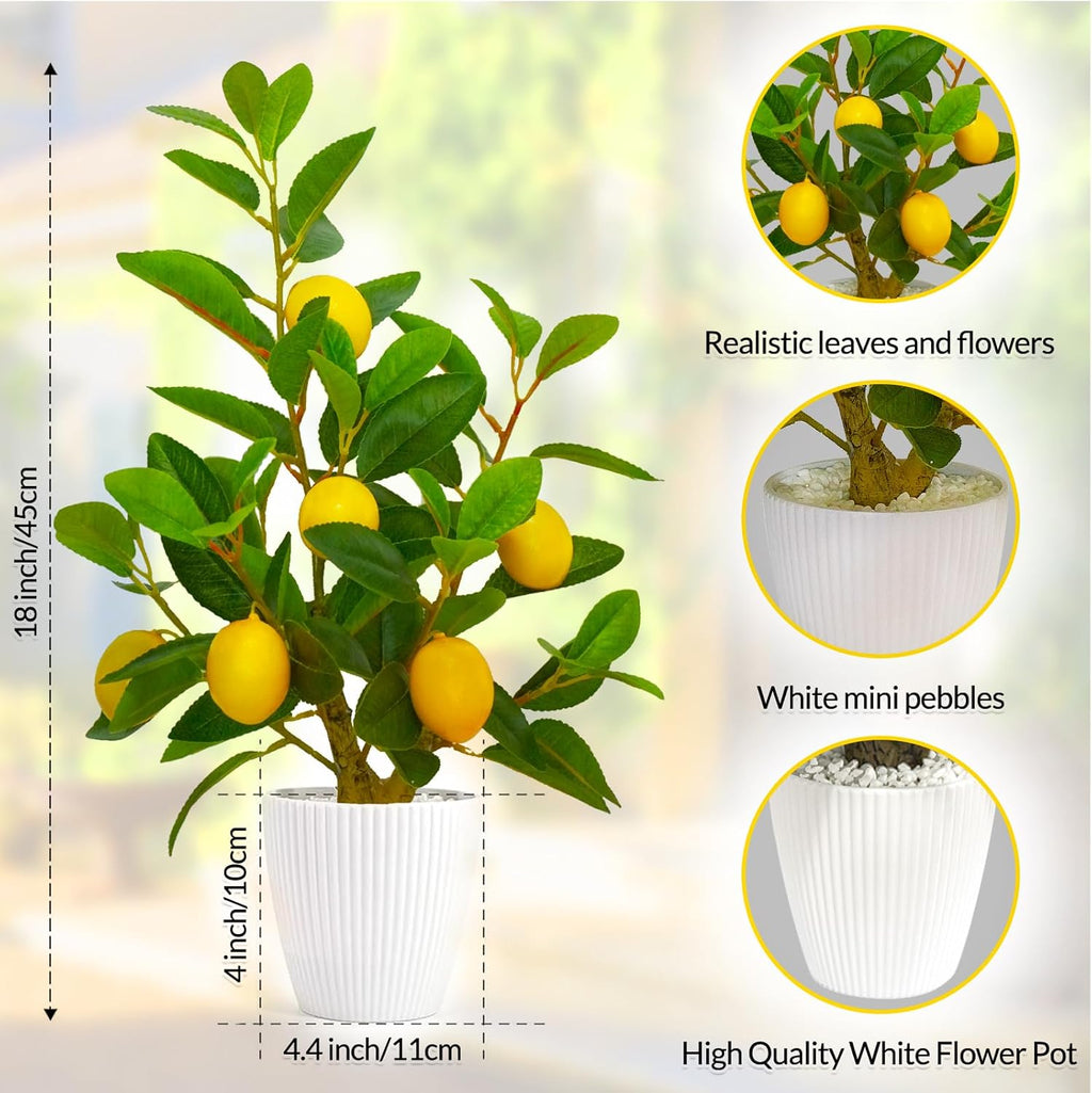 WOXBITA Artificial Faux Lemon Tree Fake Lemons Decor Small Plants Citrus Fruit Tree with White Pot Indoor Lemon Decorations 18 inches for Kitchen, Home,Office, Living Room Table, Desk