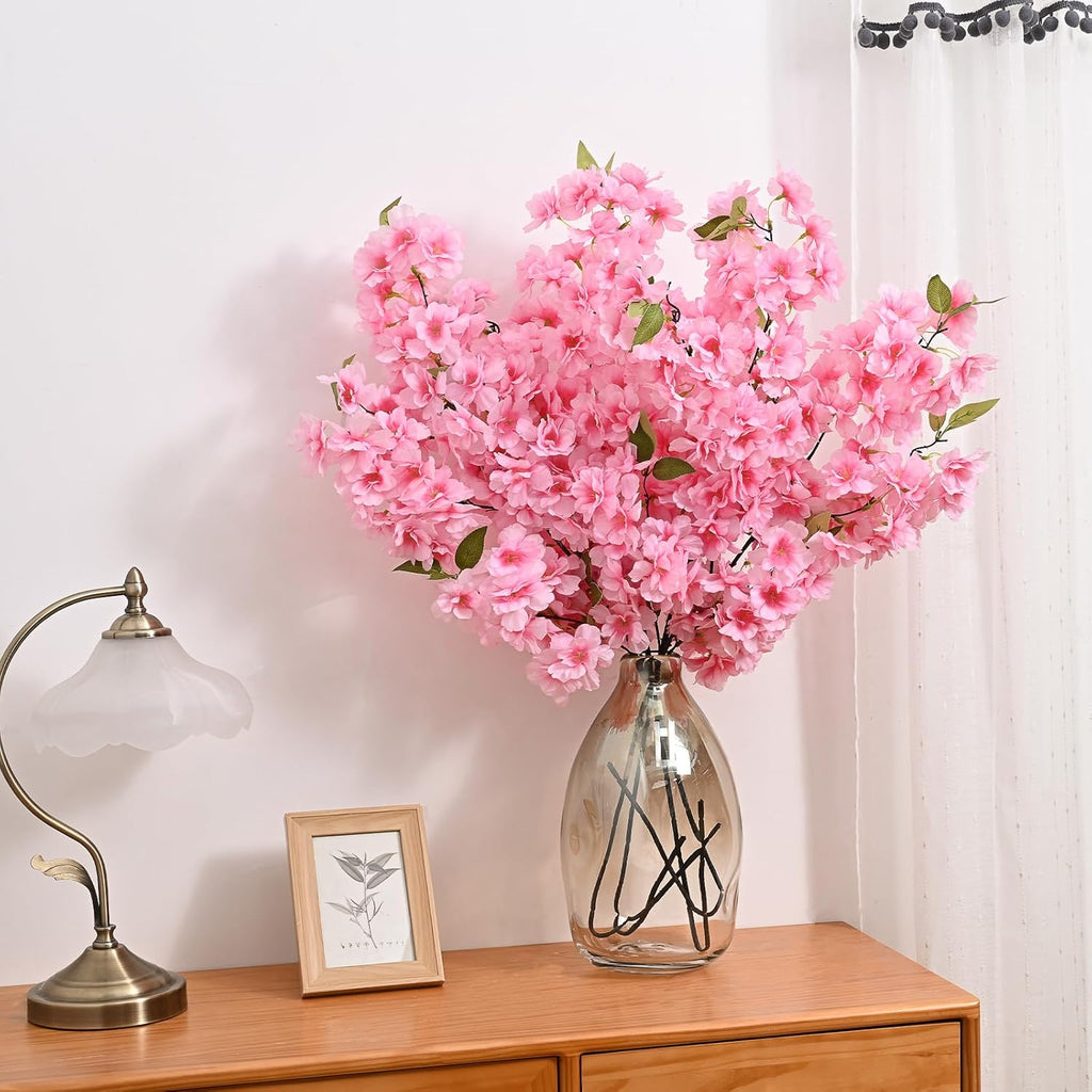 Sunm Boutique White Cherry Blossom Flowers, Artificial Cherry Blossom Decor Faux Cherry Blossom Branches Vase Arrangements for Wedding Home Party Kitchen Decor, Set of 3