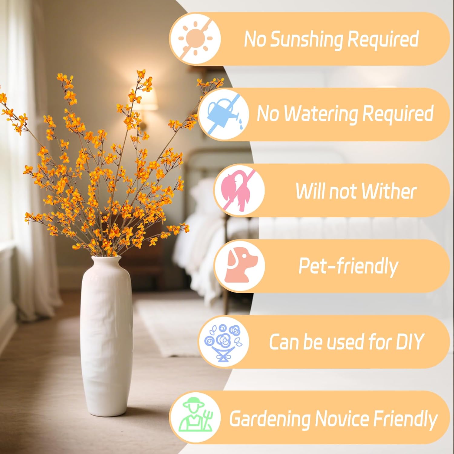 Ammyoo 4 PCS Artificial Plum Blossom Party Decorations Fake Cherry Flowers Faux Long Stems Wintersweets Silk Flowers Arrangement for Wedding Home Office Bedroom Decor(White)
