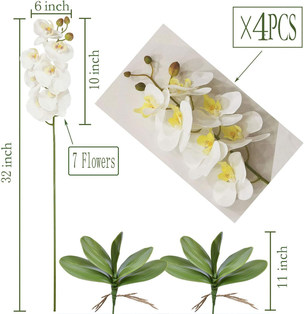 FagusHome 32 Inches Artificial Phalaenopsis Flowers 4 Pcs with 2 bundles Leaves Artificial Orchid Flowers Stem Plants for Home Décor (White)