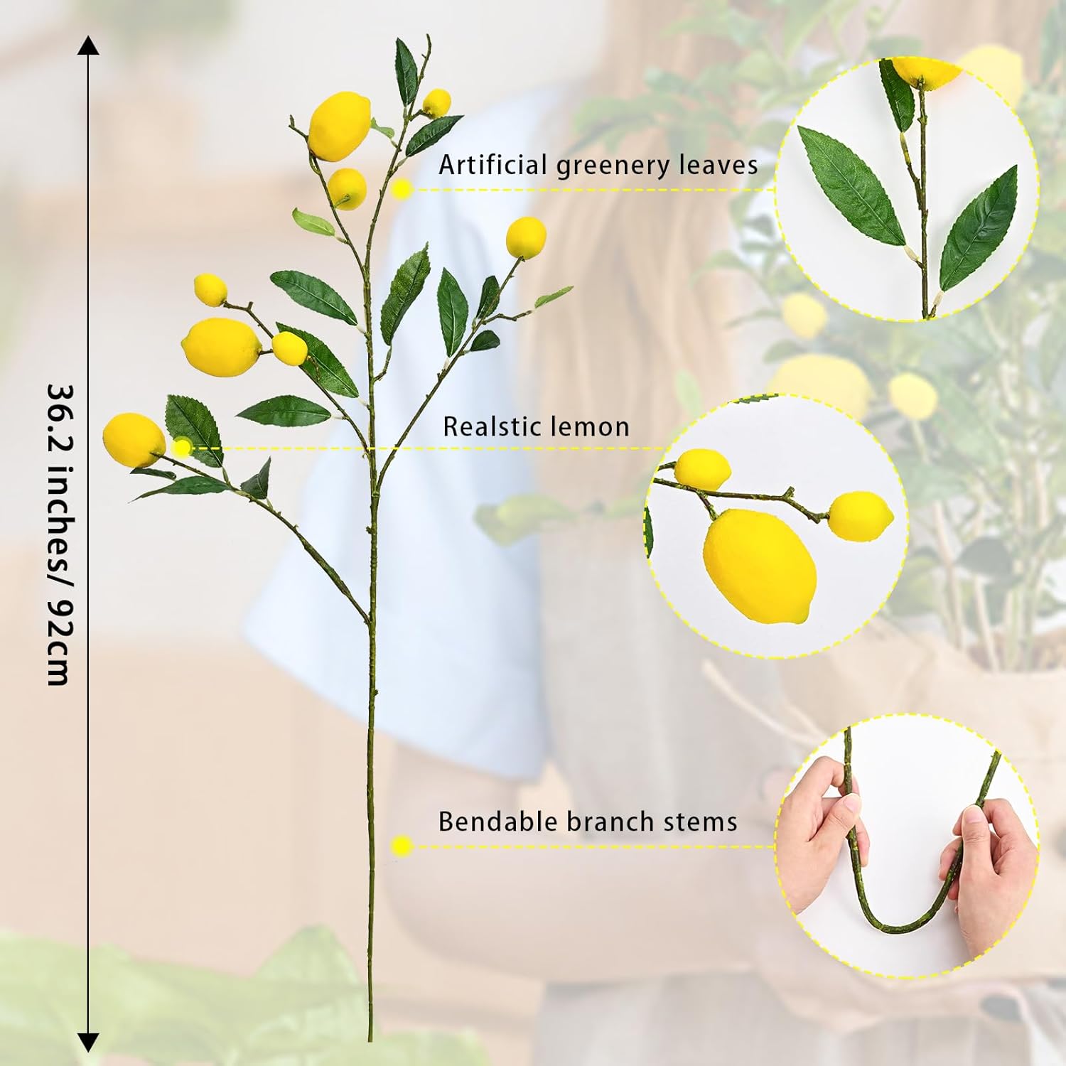 Sunm boutique 2 Pack Artificial Lemon Branch Vivid Yellow Artificial Lemon Branch Home Party Garden Decoration
