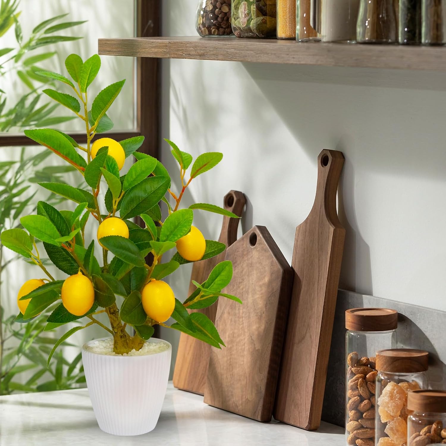 WOXBITA Artificial Faux Lemon Tree Fake Lemons Decor Small Plants Citrus Fruit Tree with White Pot Indoor Lemon Decorations 18 inches for Kitchen, Home,Office, Living Room Table, Desk