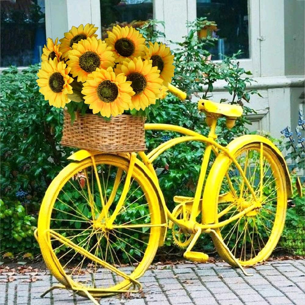 WISTART 8pcs Artificial Sunflower Flowers Long Stem Large Silk Sunflowers Bridal Wedding Bouquet Fake Yellow Flower Arrangements for Outdoor