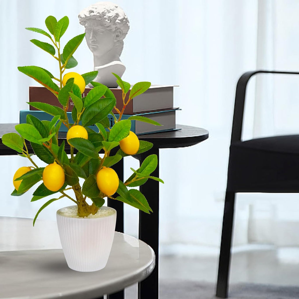 WOXBITA Artificial Faux Lemon Tree Fake Lemons Decor Small Plants Citrus Fruit Tree with White Pot Indoor Lemon Decorations 18 inches for Kitchen, Home,Office, Living Room Table, Desk