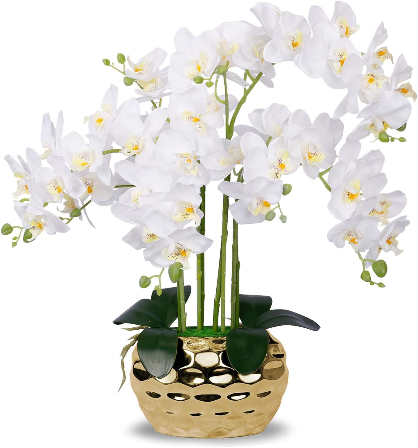 Artificial Orchid in Gold Vase White Orchid Silk Orchids Faux Orchid Plant in Gold Pot Fake Flower Arrangement White Flowers Artificial for Decoration Home Decor Kitchen Decoration Table Centerpieces