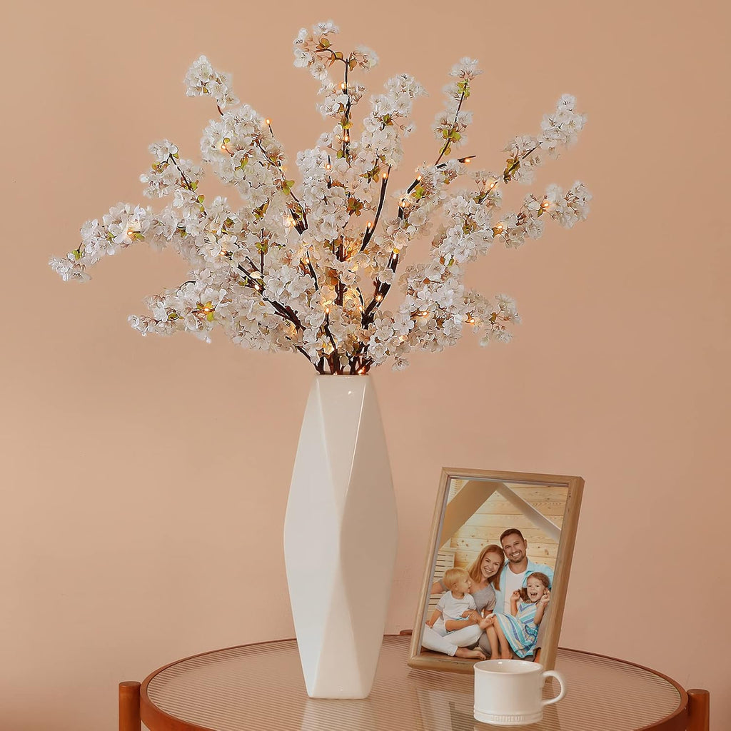 Sunm Boutique White Cherry Blossom Flowers, Artificial Cherry Blossom Decor Faux Cherry Blossom Branches Vase Arrangements for Wedding Home Party Kitchen Decor, Set of 3