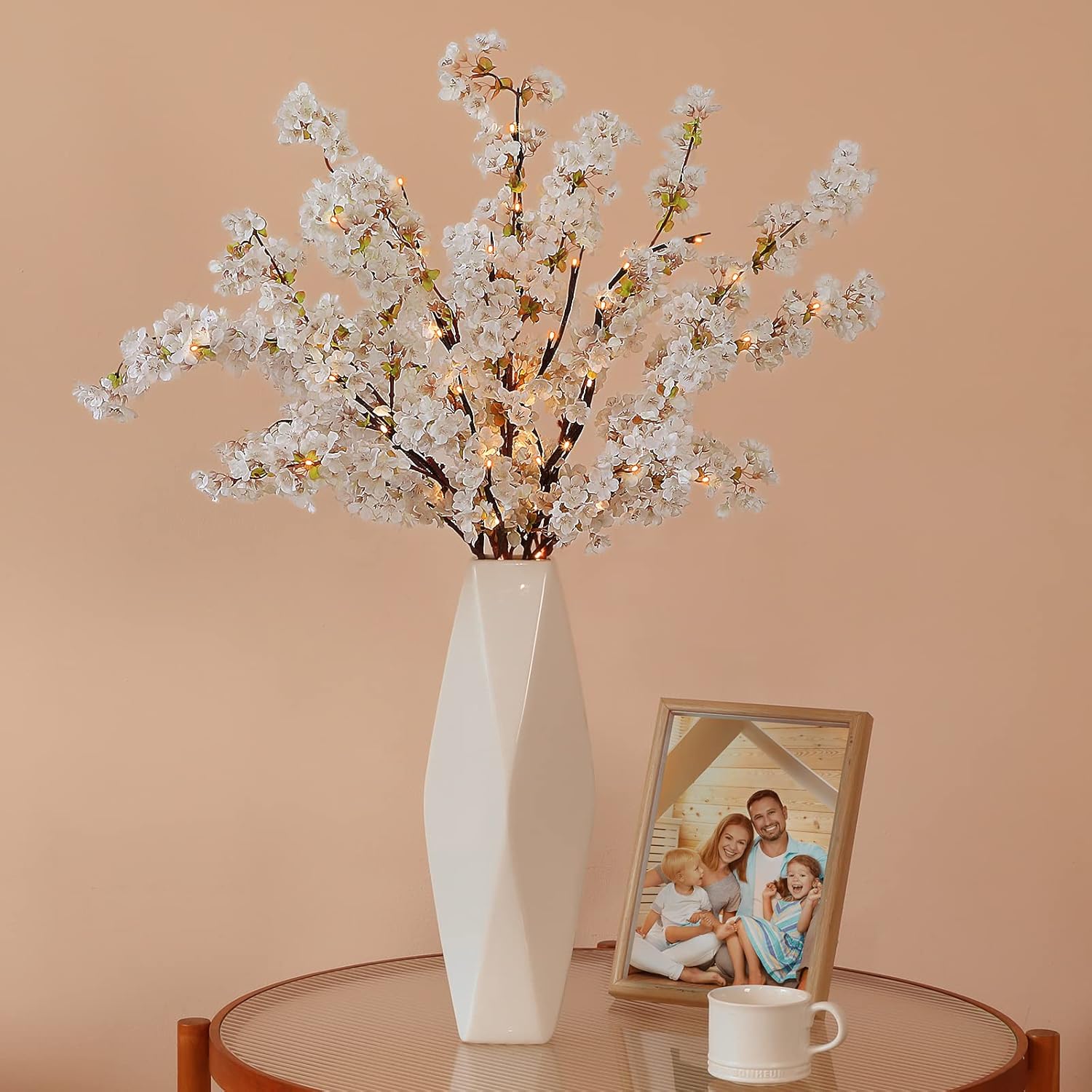 Sunm Boutique White Cherry Blossom Flowers, Artificial Cherry Blossom Decor Faux Cherry Blossom Branches Vase Arrangements for Wedding Home Party Kitchen Decor, Set of 3