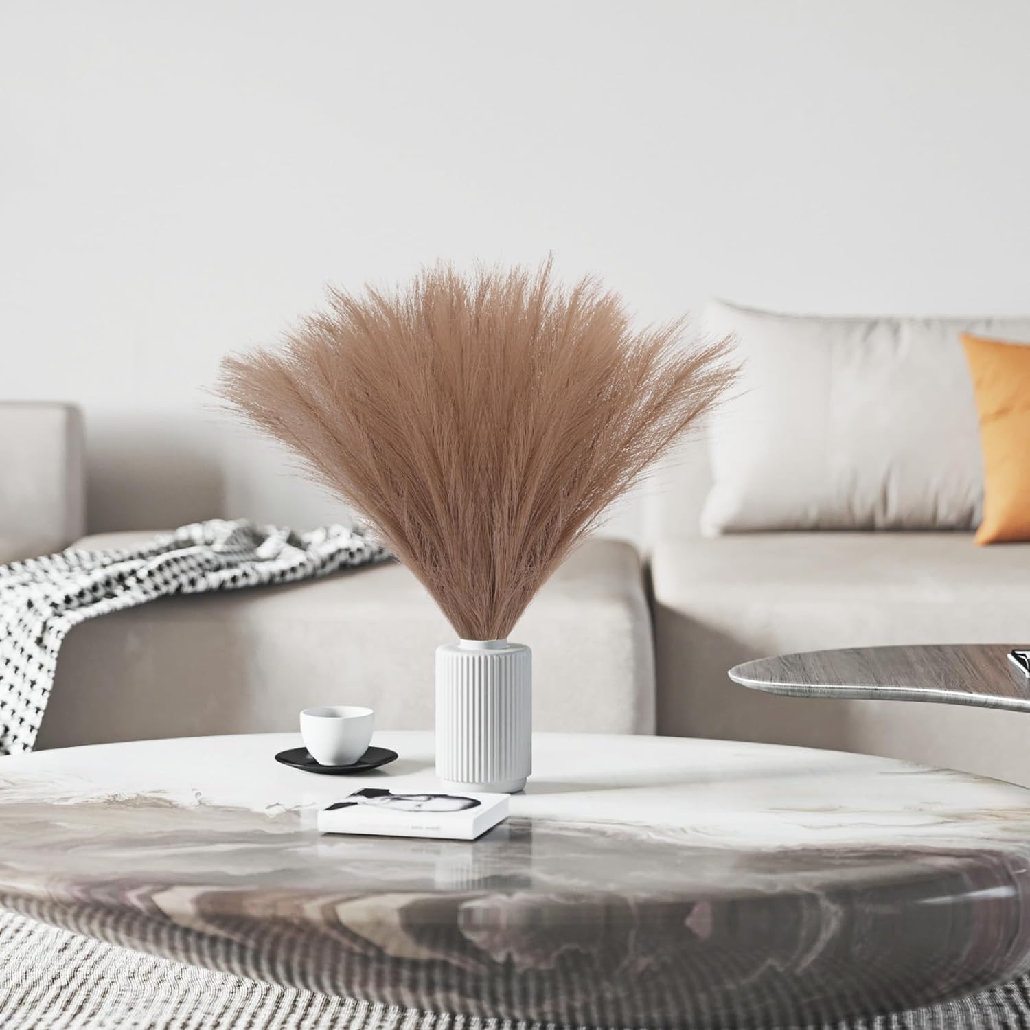 SATYAM KRAFT 3 Pcs Faux Pampas Grass Small Fluffy Artificial Flowers Fake Flower for Home, Office,Bedroom, Table Decoration and Craft Items Corner (Without Vase Pot) (Brown, Pack of 3)