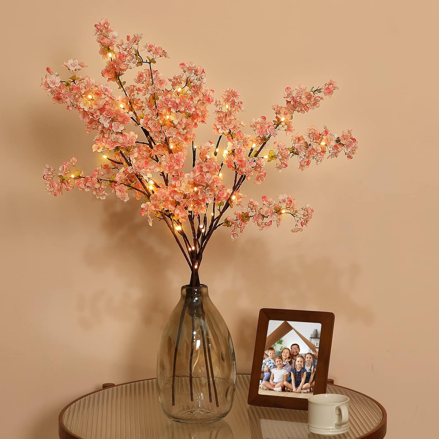 Sunm Boutique White Cherry Blossom Flowers, Artificial Cherry Blossom Decor Faux Cherry Blossom Branches Vase Arrangements for Wedding Home Party Kitchen Decor, Set of 3