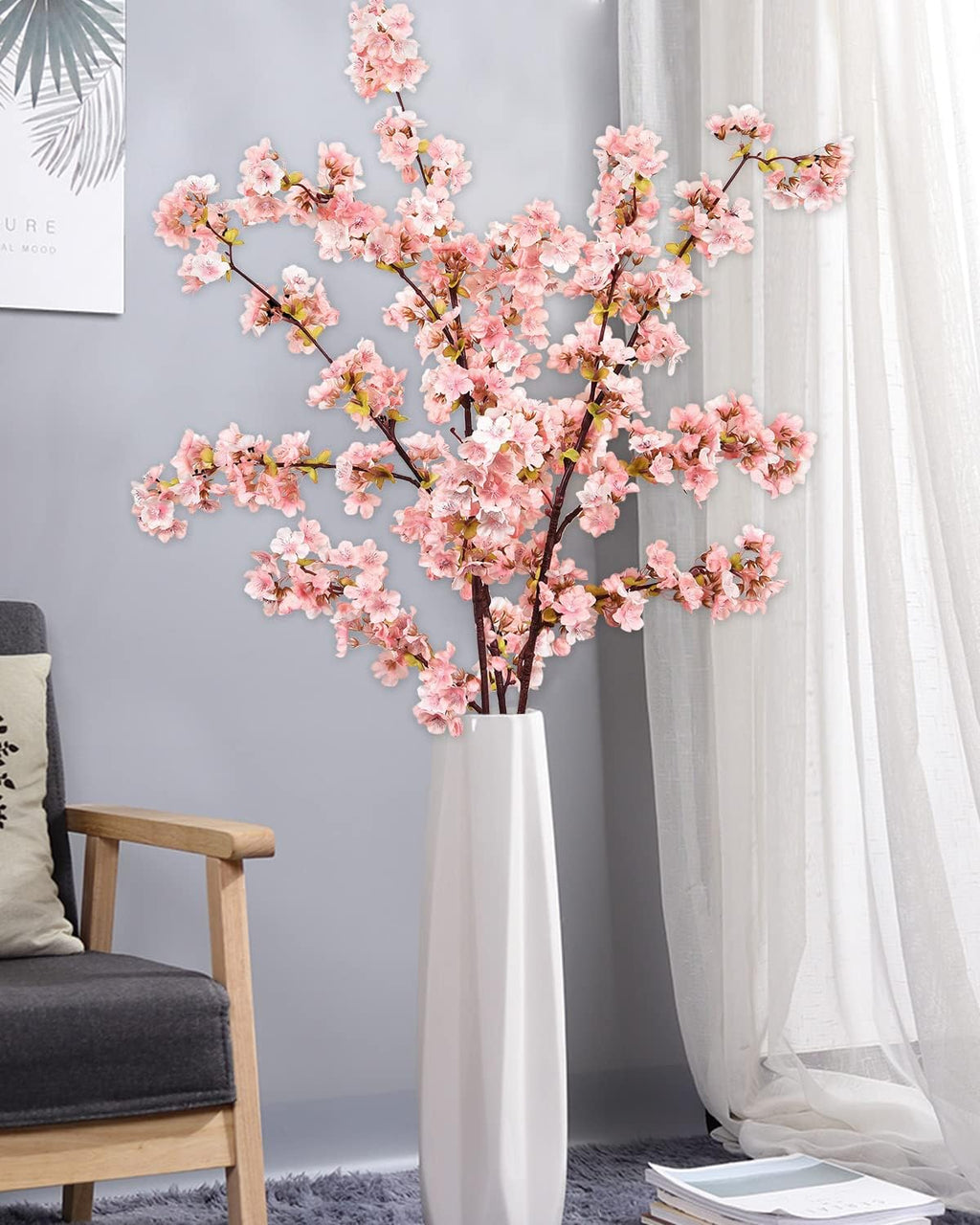 Sunm Boutique White Cherry Blossom Flowers, Artificial Cherry Blossom Decor Faux Cherry Blossom Branches Vase Arrangements for Wedding Home Party Kitchen Decor, Set of 3