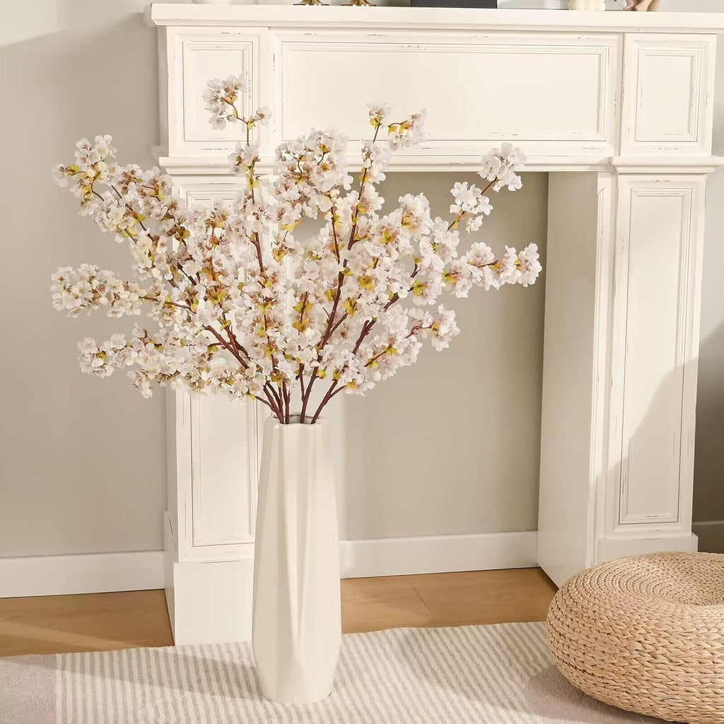 Sunm Boutique White Cherry Blossom Flowers, Artificial Cherry Blossom Decor Faux Cherry Blossom Branches Vase Arrangements for Wedding Home Party Kitchen Decor, Set of 3